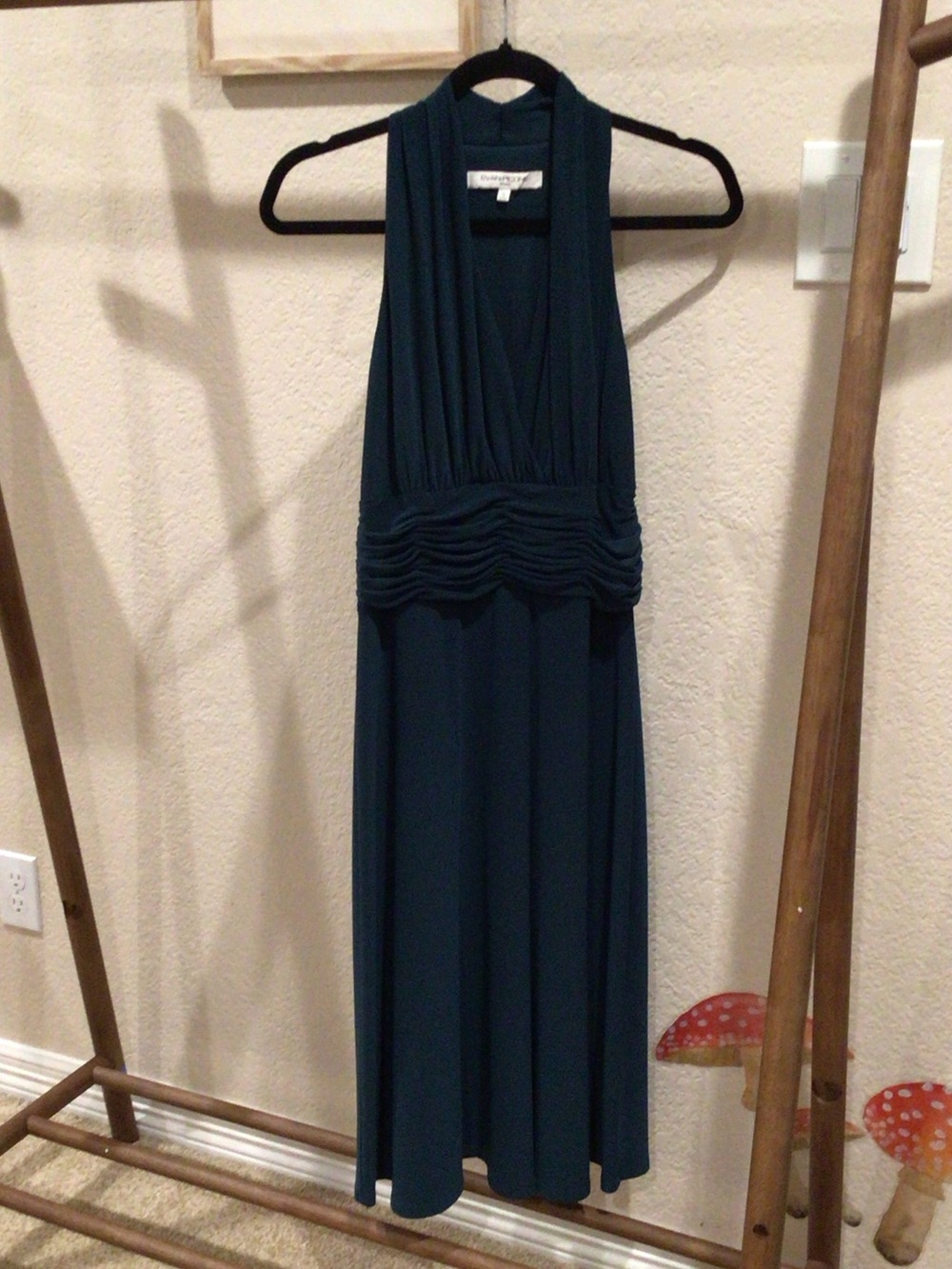 Evan Picone Teal Halter Midi Cocktail Dress with Ruched Waist